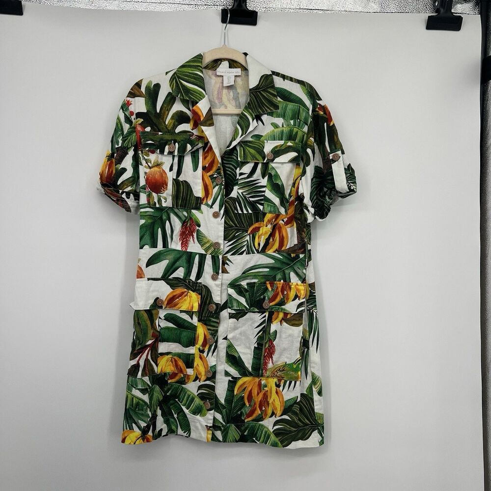 House of Harlow 1960 Linen Blend Button Shirt Mini Dress Sz S Tropical Hawaiian
